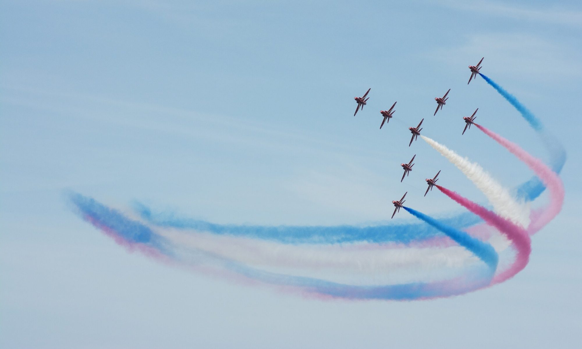 Sunderland, UK - July 27th 2013: The RAF Red Arrows fly in formation at the Sunderland airshow 2013.